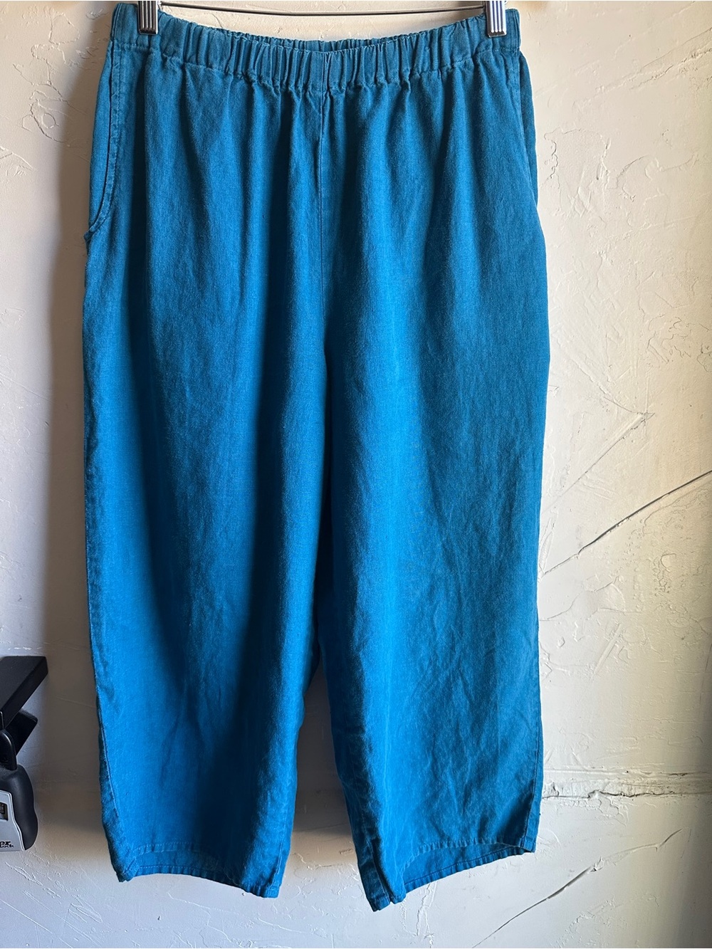 FLAX Teal Linen Pull-On Pocket Pants Lagenlook Art To Wear Medium Blue Green